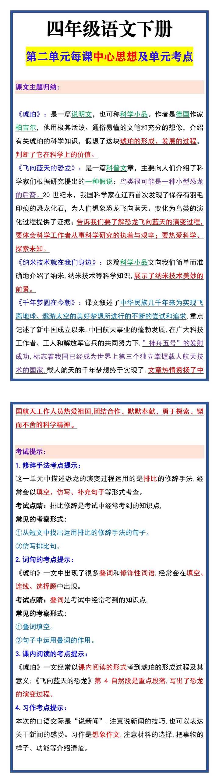 四年级语文下册 第二单元每课中心思想及单元考点