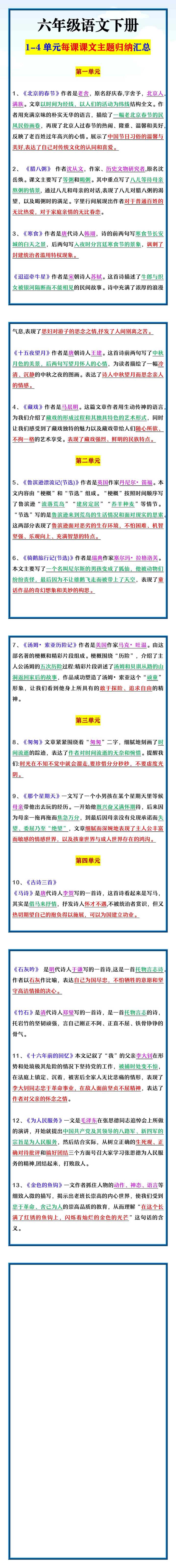 六年级语文下册 1-4单元每课课文主题归纳汇总