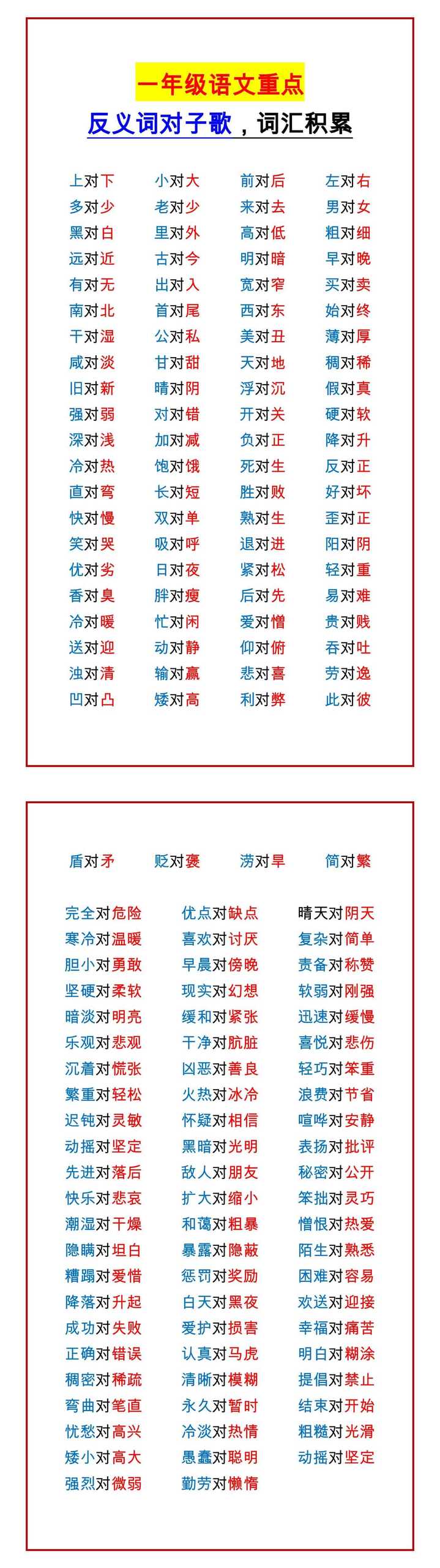 一年级语文重点 反义词对子歌，词汇积累