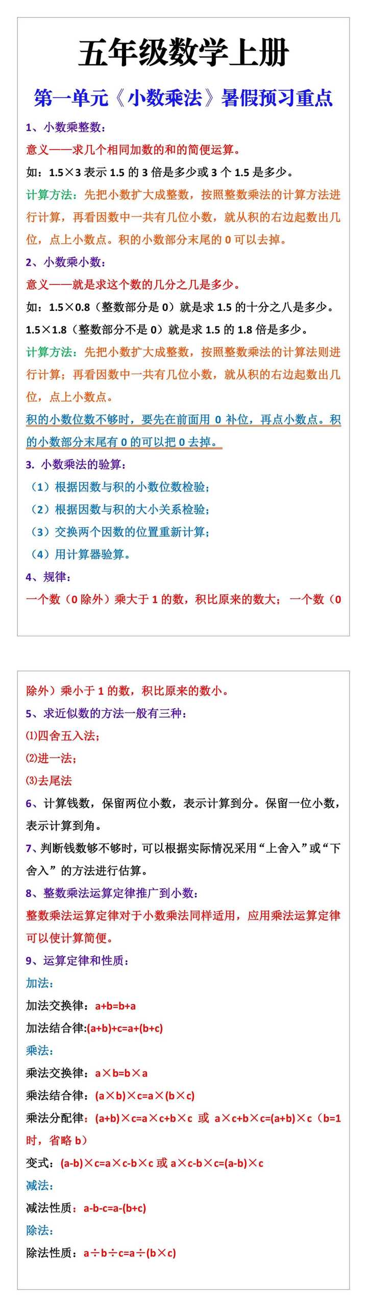 五年级数学上册第一单元《小数乘法》暑假重点预习知识汇总