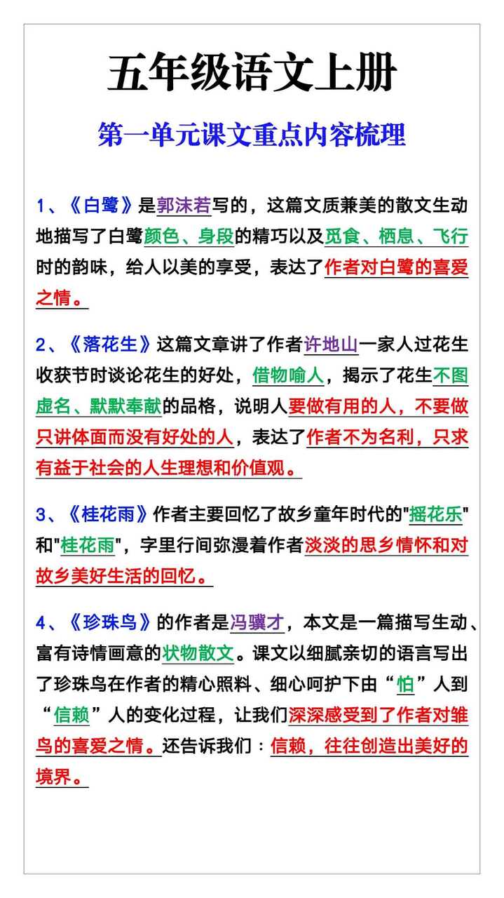 五年级语文上册第一单元课文重点内容梳理