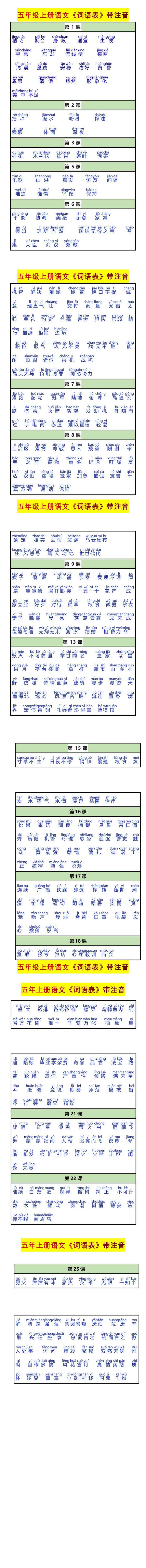 五年级上册语文《词语表》带注音