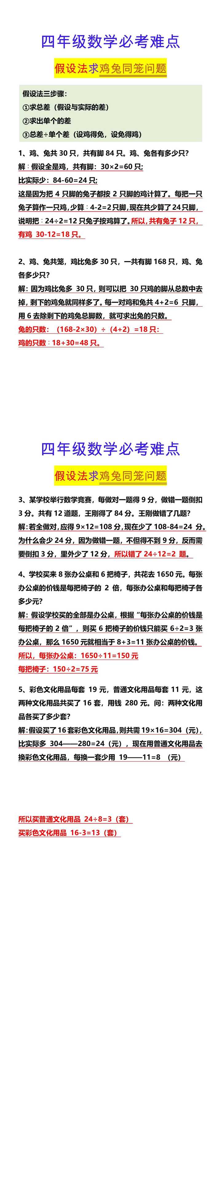 四年级数学必考难点 假设法求鸡兔同笼问题