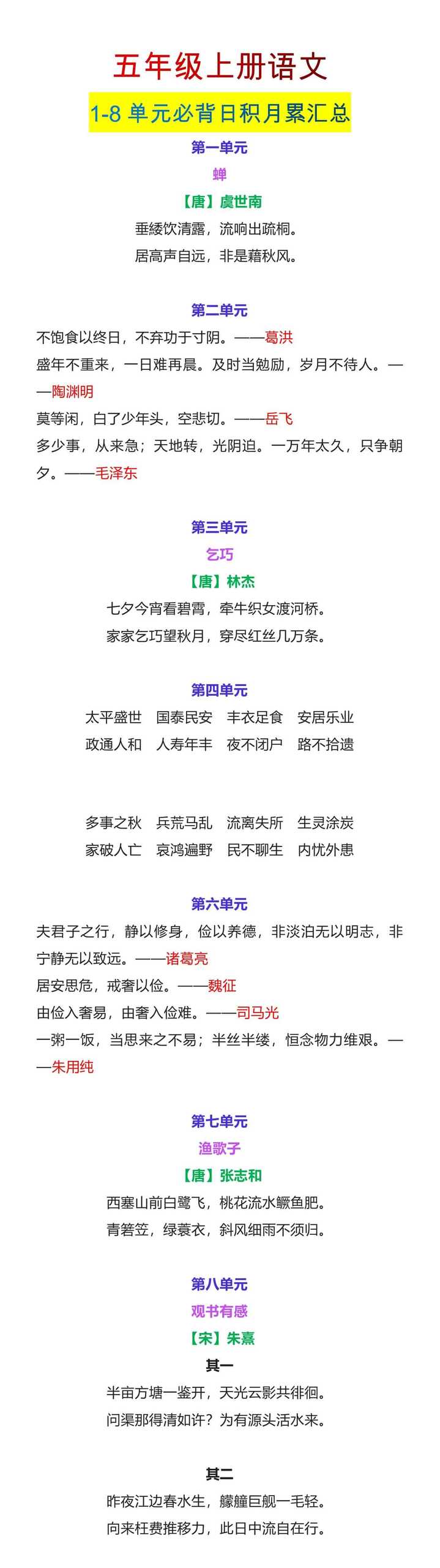 五年级上册语文1-8单元必背日积月累汇总