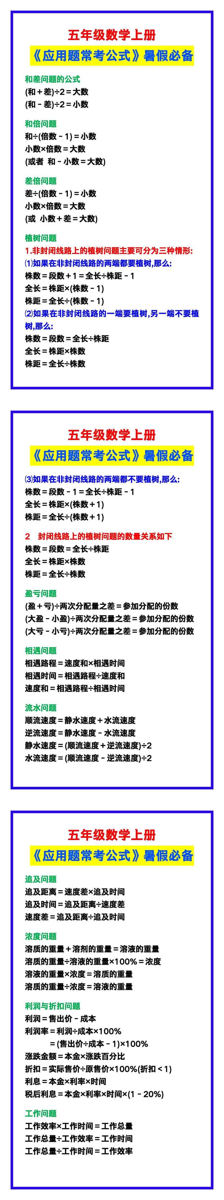 五年级数学上册《应用题常考公式》汇总