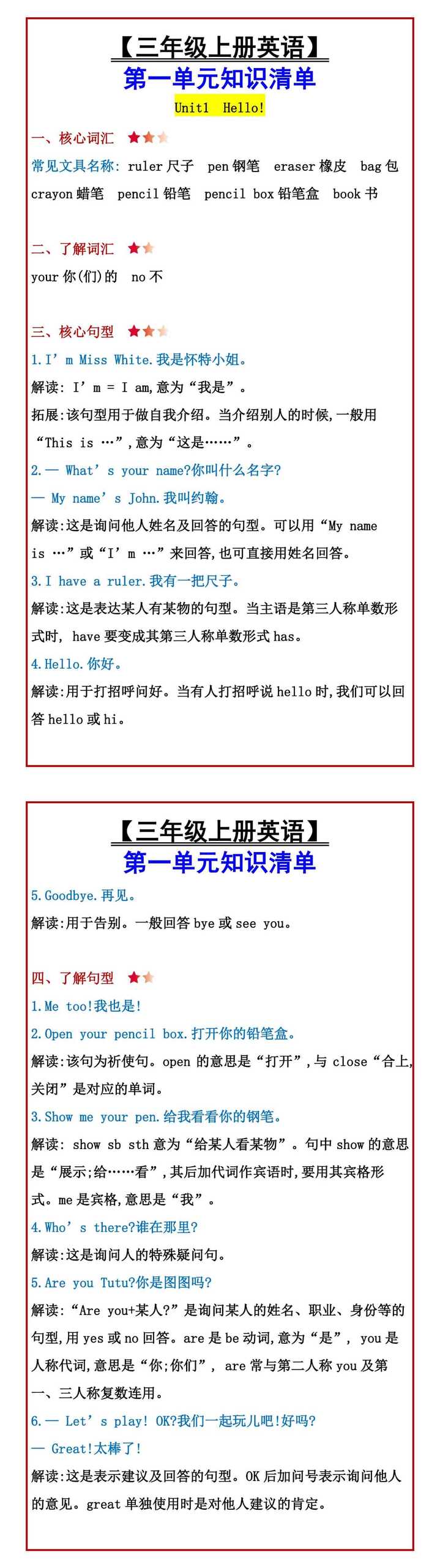 【三年级上册英语】 第一单元知识清单
