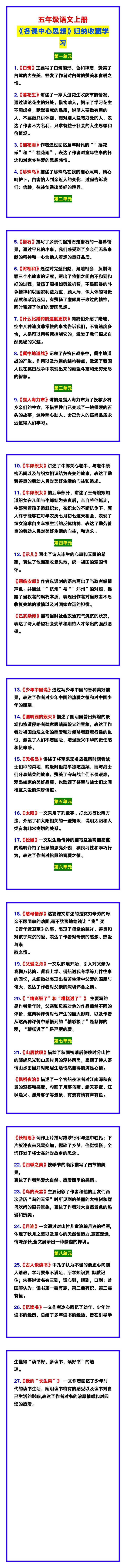 五年级语文上册《各课中心思想》归纳