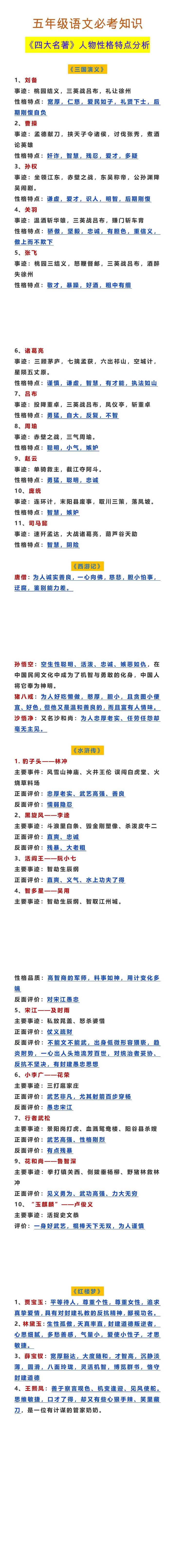 五年级语文必考知识 《四大名著》人物性格特点分析