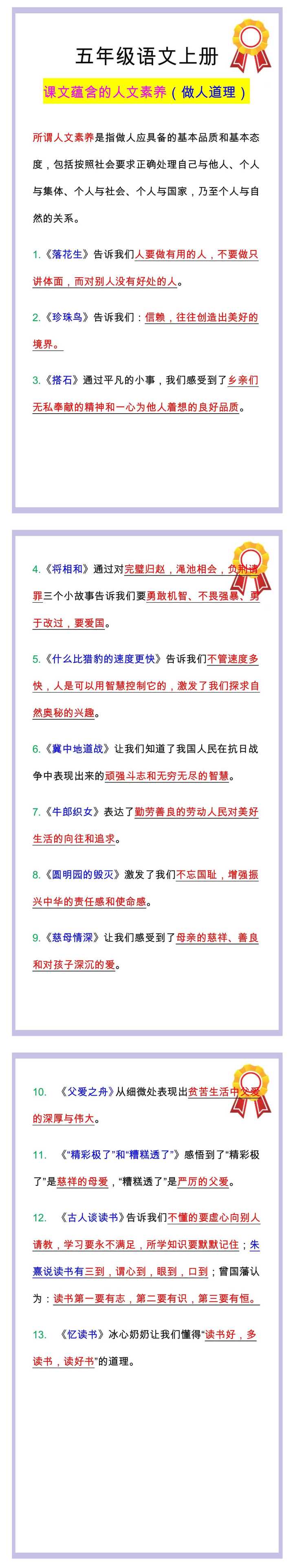 五年级语文上册课文蕴含的人文素养，做人道理汇总