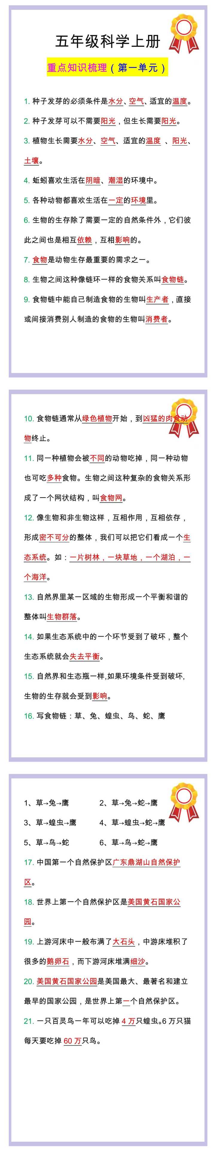五年级科学上册重点知识梳理，第一单元预习笔记！