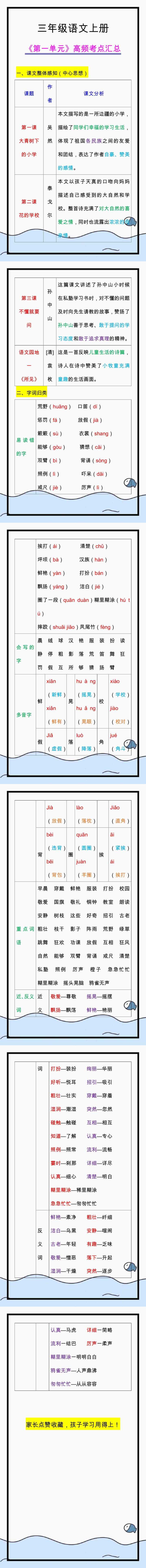 三年级语文上册《第一单元》高频考点汇总！