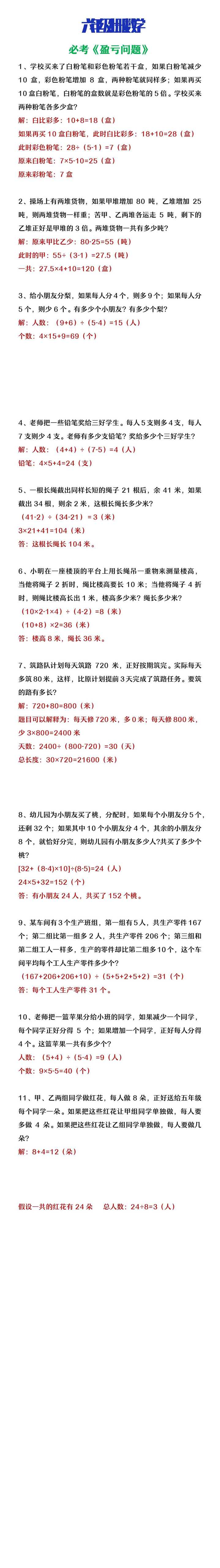 六年级上册数学必考《盈亏问题》