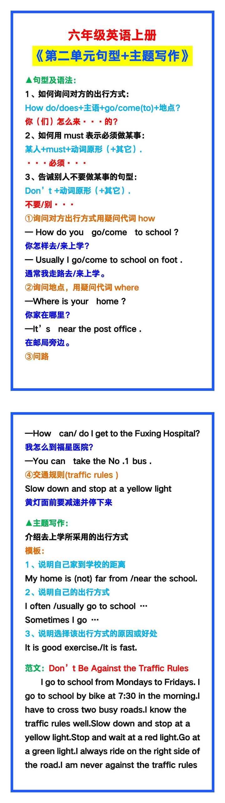 六年级英语上册《第二单元句型+主题写作》汇总，收藏可参考！