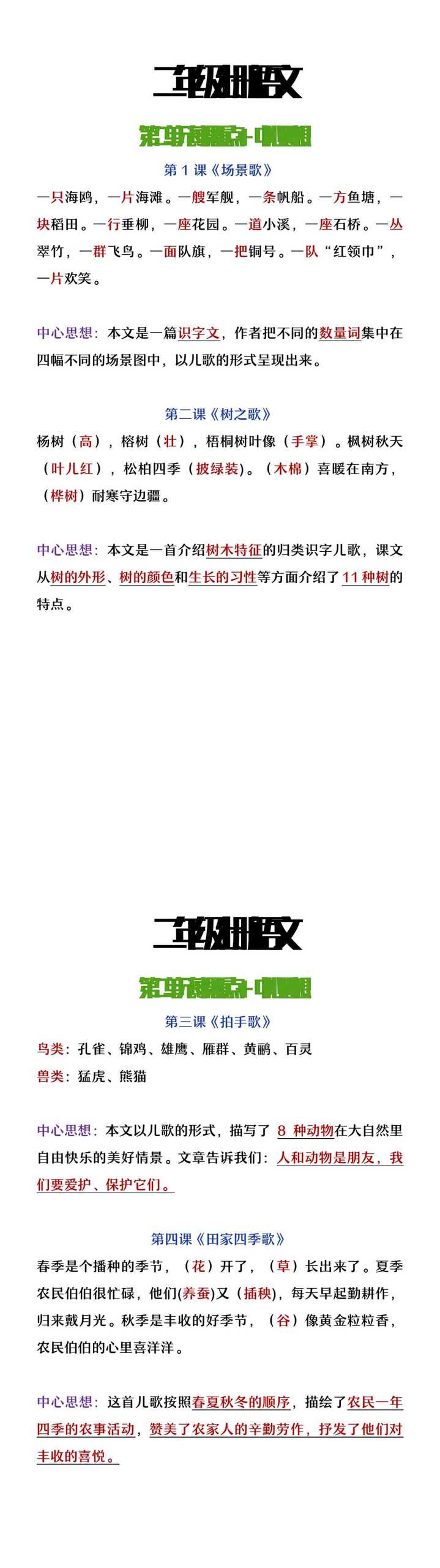 二年级上册语文第二单元每课重点+中心思想