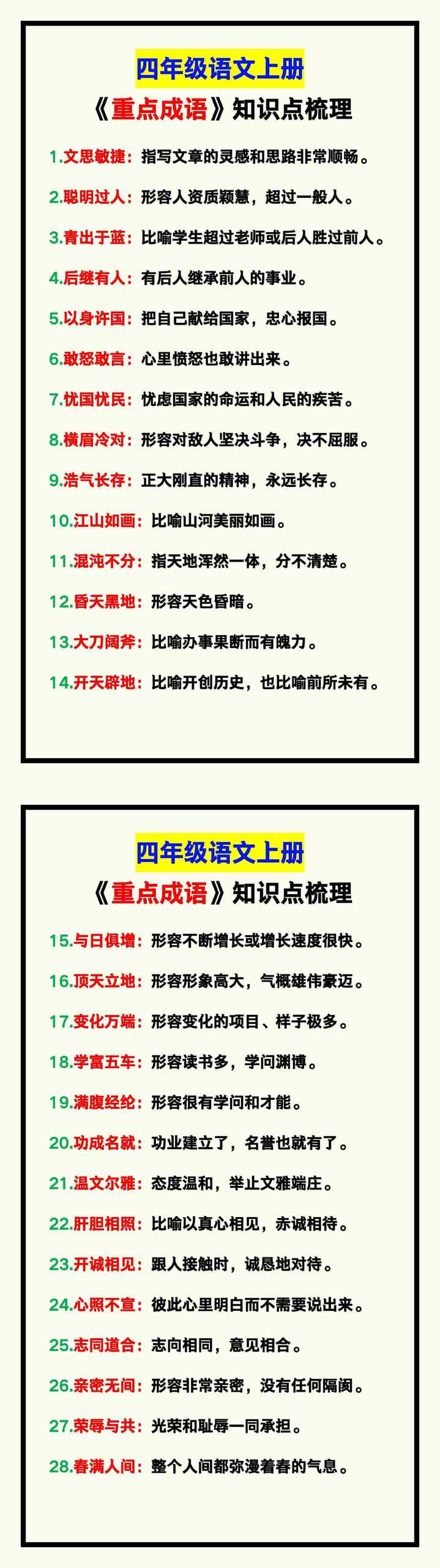 四年级语文上册《重点成语》知识点梳理，学习收藏！