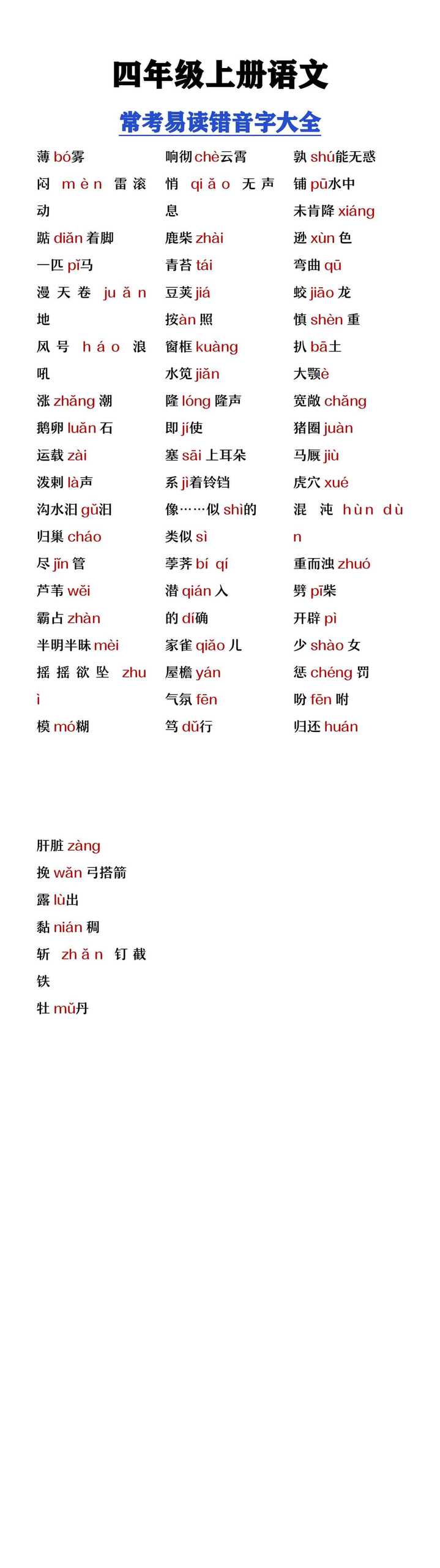 四年级上册语文常考易读错音字大全