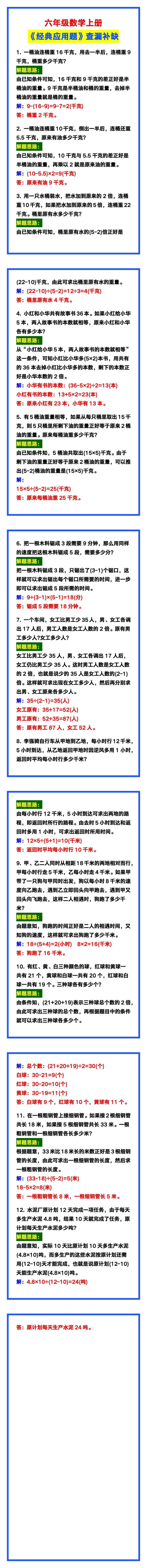 六年级数学上册《经典应用题》，查漏补缺！