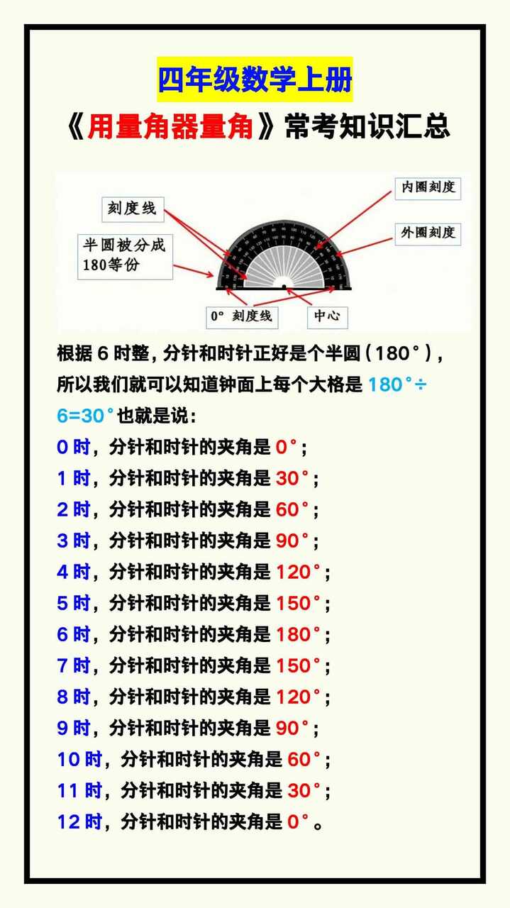 四年级数学上册《用量角器量角》常考知识汇总！