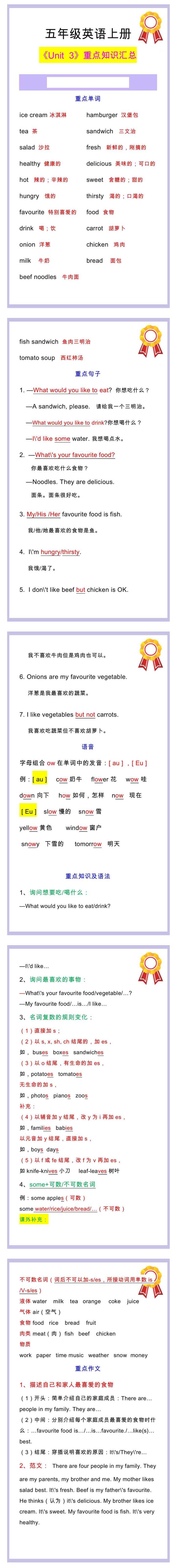 五年级英语上册《Unit 3》重点知识汇总！