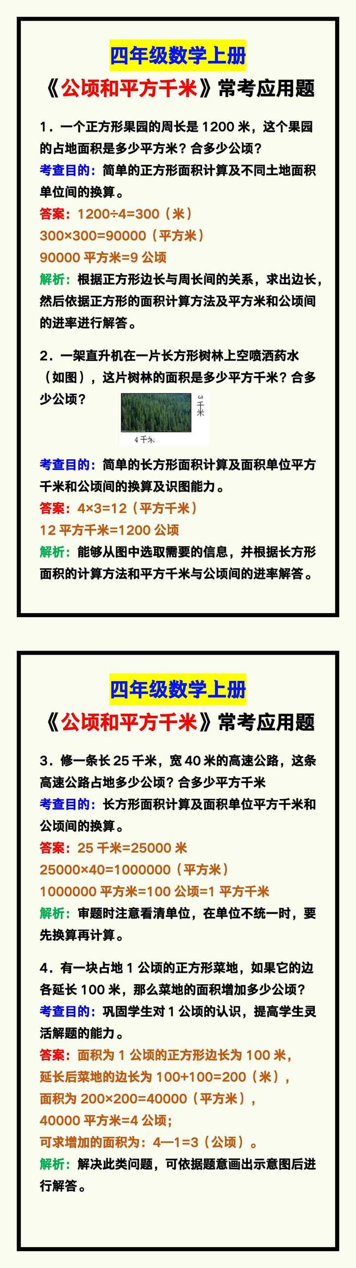 四年级数学上册《公顷和平方千米》常考应用题精解汇编！