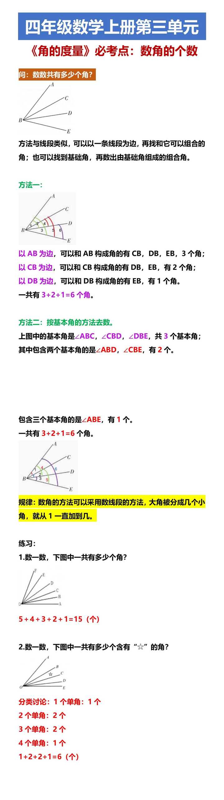 四年级数学上册第三单元 《角的度量》必考点：数角的个数