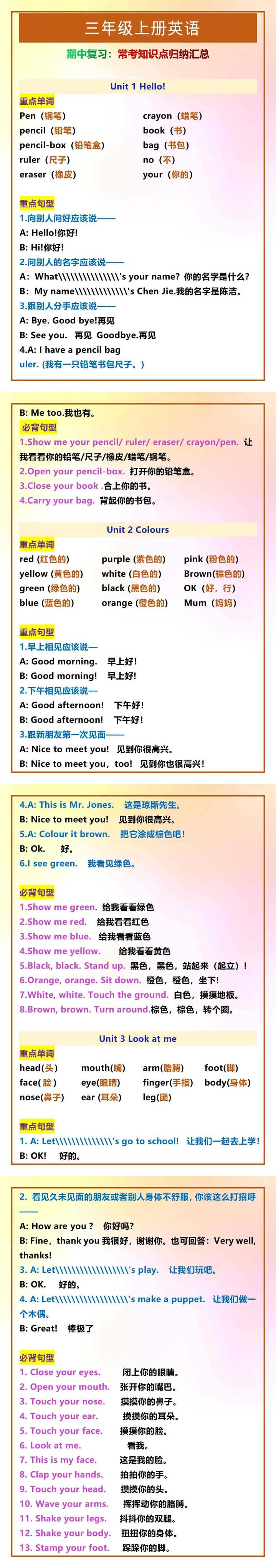 三年级上册英语期中常考知识点归纳汇总
