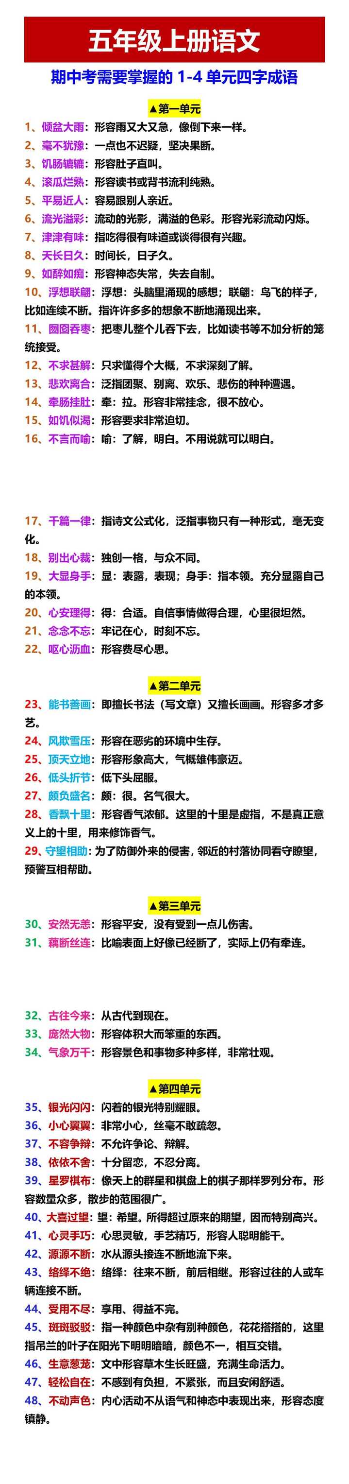 五年级上册语文 期中考需要掌握的1-4单元四字成语