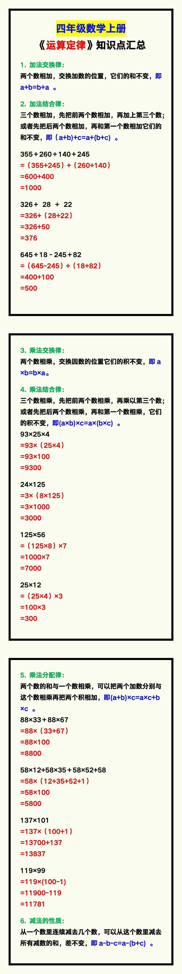 四年级数学上册《运算定律》知识点汇总，孩子掌握！