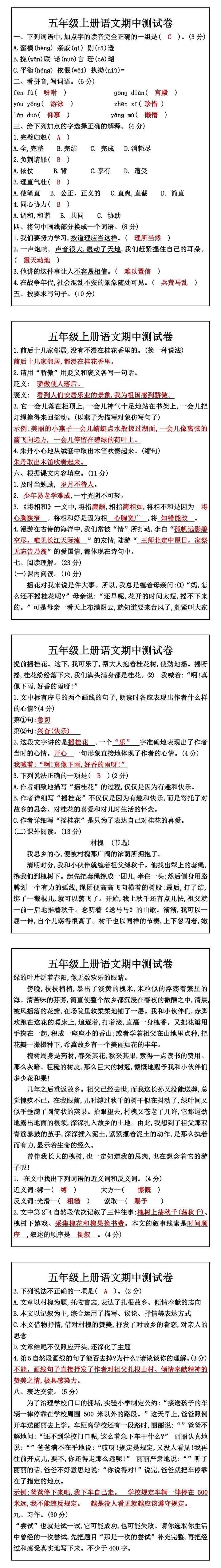 五年级上册语文期中测试卷