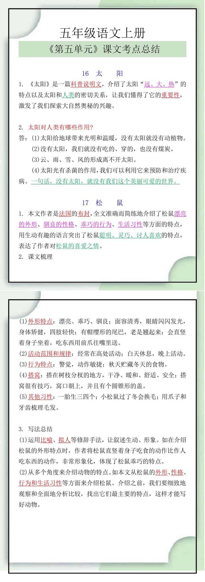 五年级语文上册《第五单元》课文考点总结
