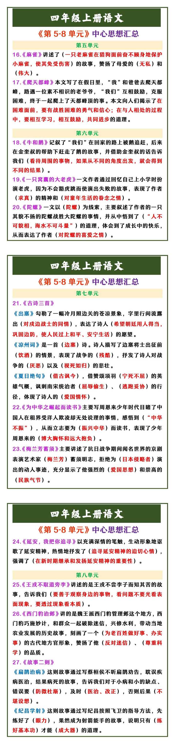 四年级上册语文 《第5-8单元》中心思想汇总