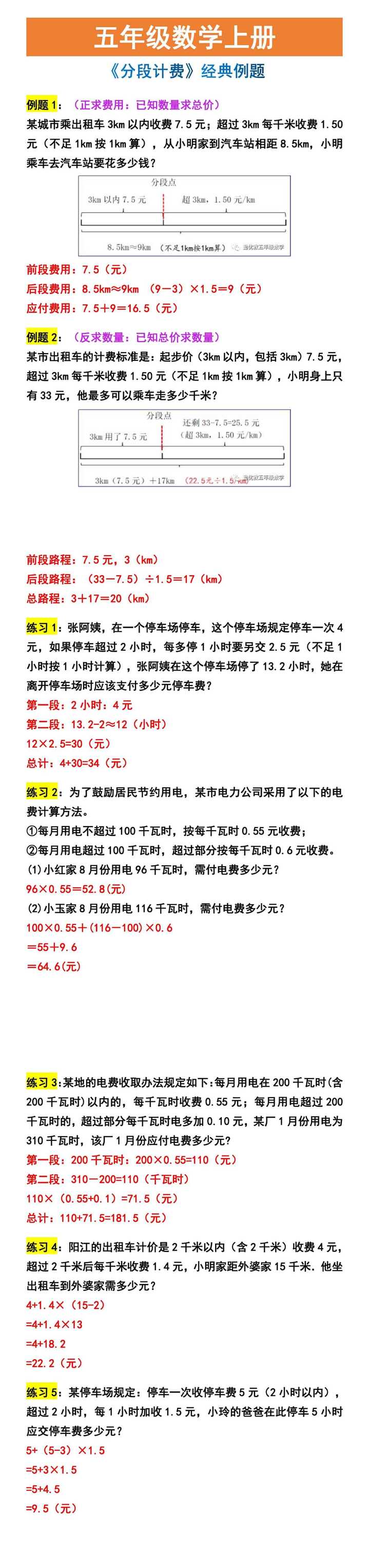 五年级数学上册 《分段计费》经典例题