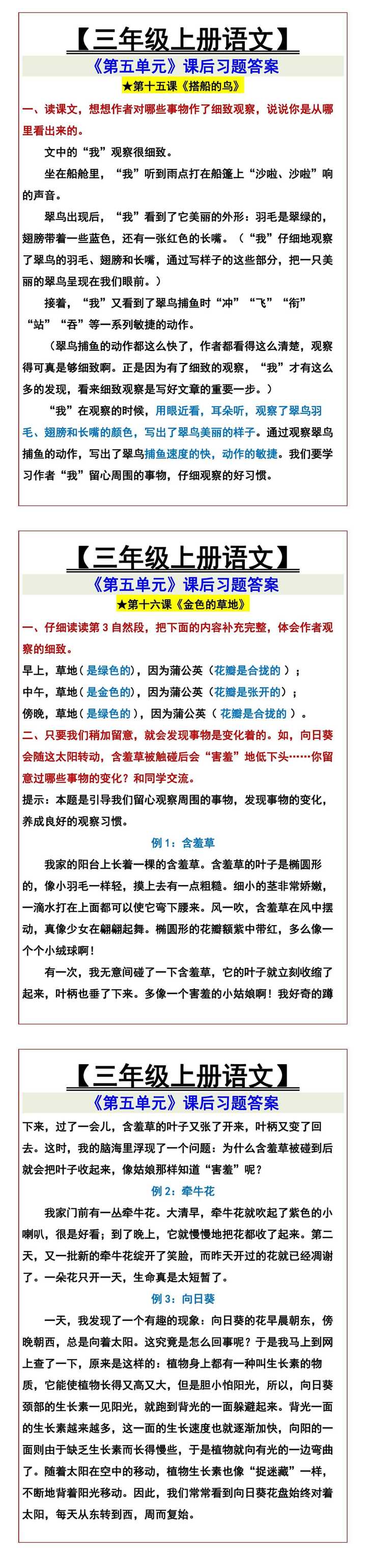 三年级上册语文《第五单元》课后习题答案