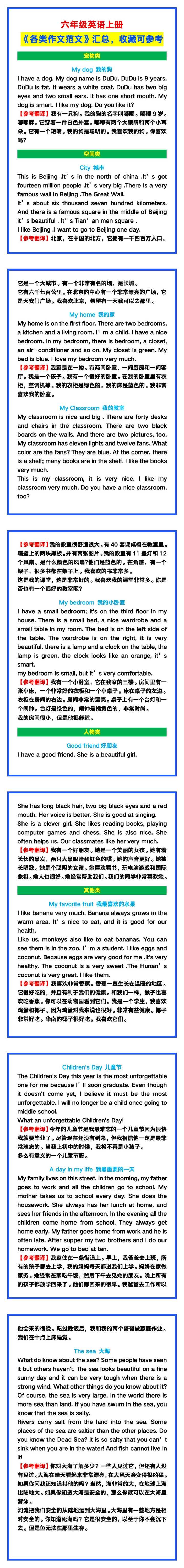 六年级英语上册《各类作文范文》汇总，收藏可参考！