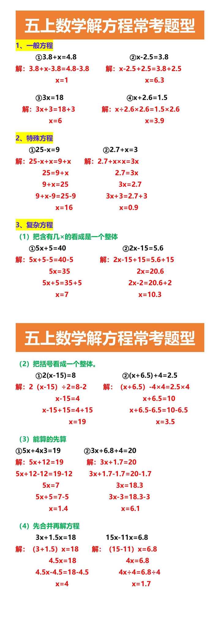 五上数学解方程常考题型