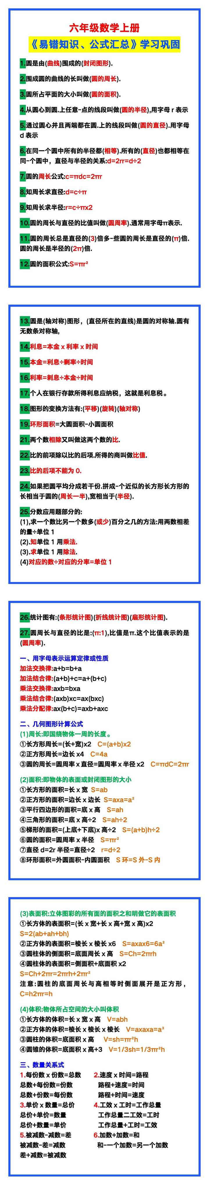 六年级数学上册《易错知识、公式汇总》，学习巩固！