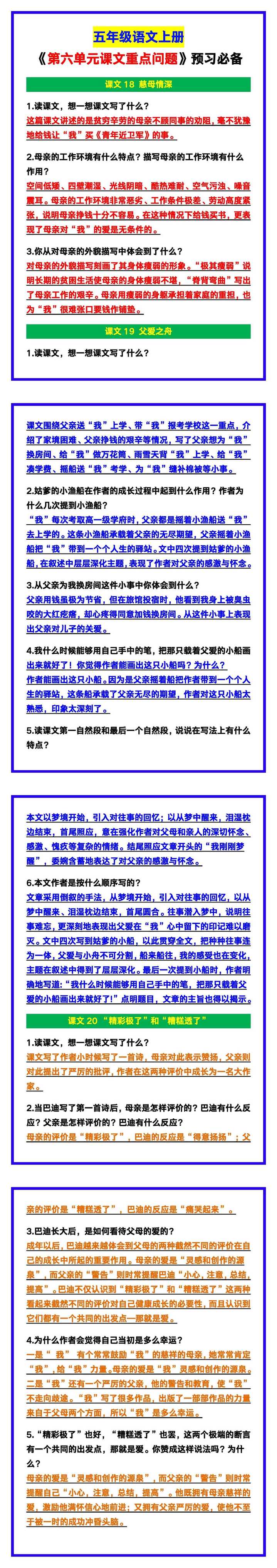五年级语文上册《第六单元课文重点问题汇总》，预习必备！