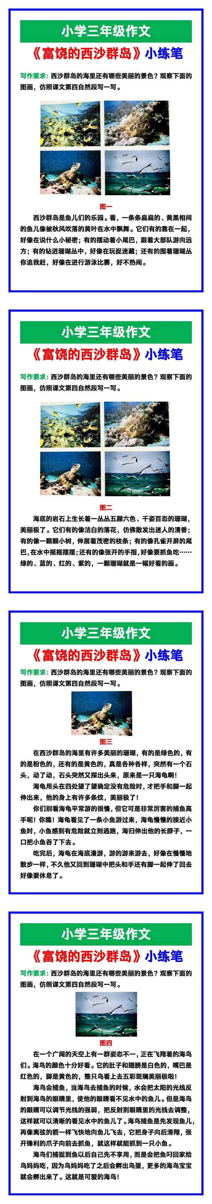小学三年级作文《富饶的西沙群岛》课后小练笔范文素材，给孩子参考！