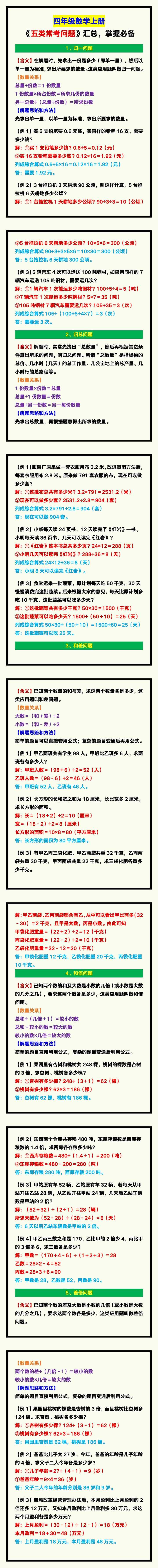 四年级数学上册《五类常考问题》汇总，掌握必备！