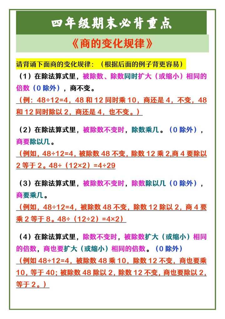 四年级期末必背重点 《商的变化规律》