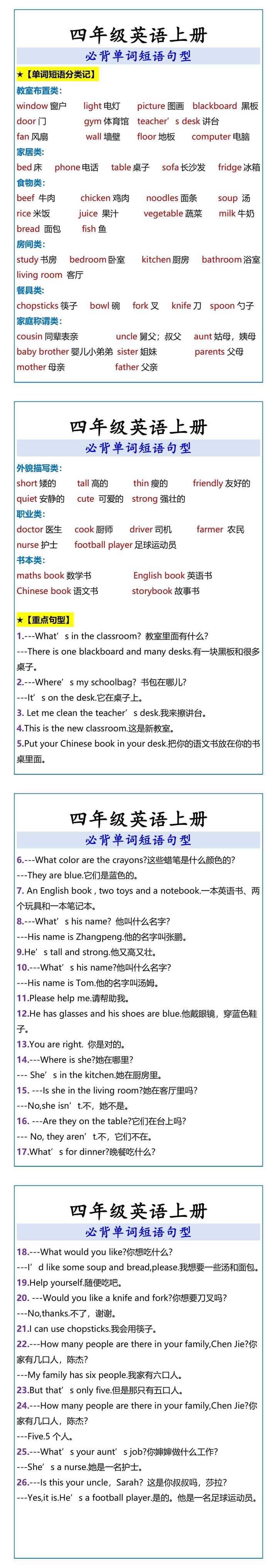 四年级英语上册 必背单词短语句型