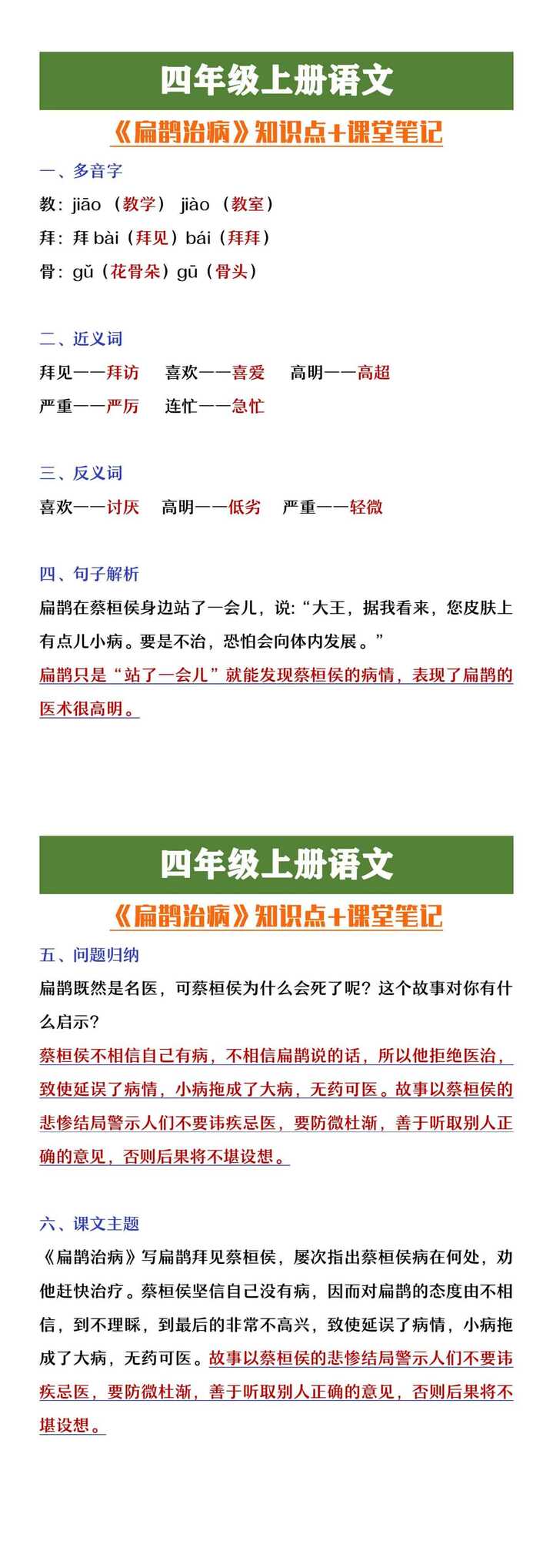 四年级上册语文《扁鹊治病》知识点+课堂笔记