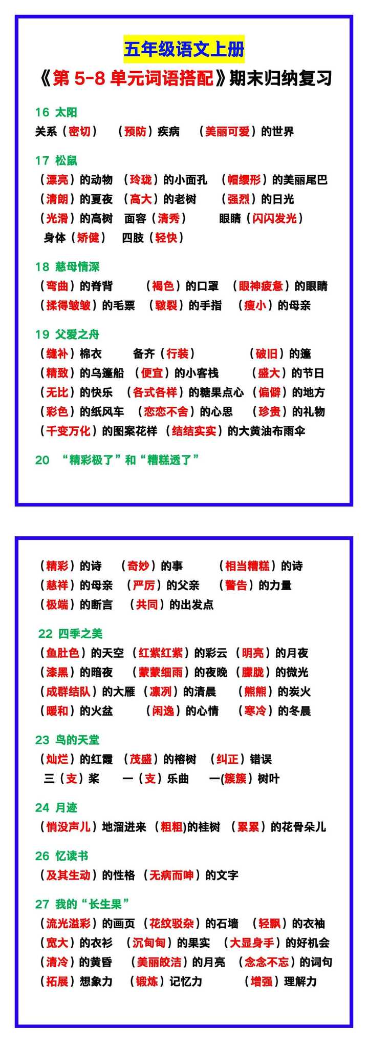 五年级语文上册《第5-8单元词语搭配》期末归纳复习！