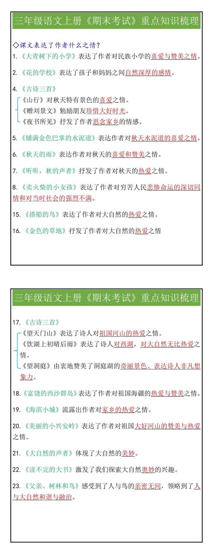 三年级语文上册《期末考试》重点知识梳理