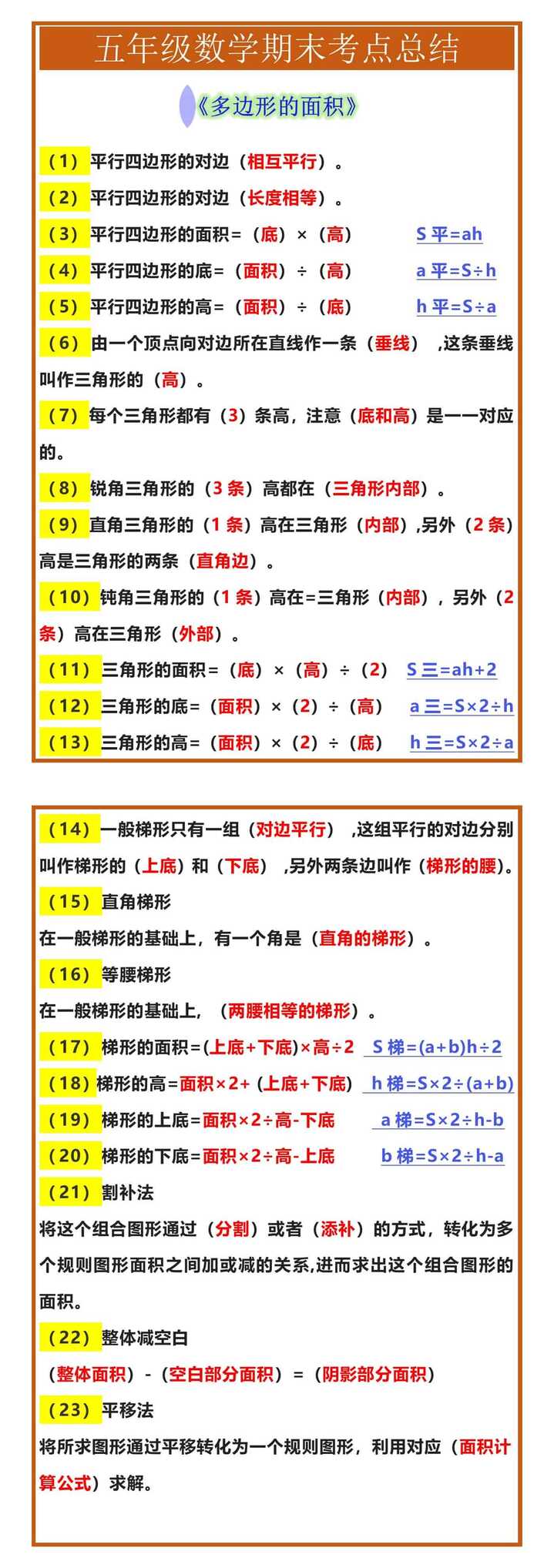 五年级数学期末考点总结《多边形的面积》