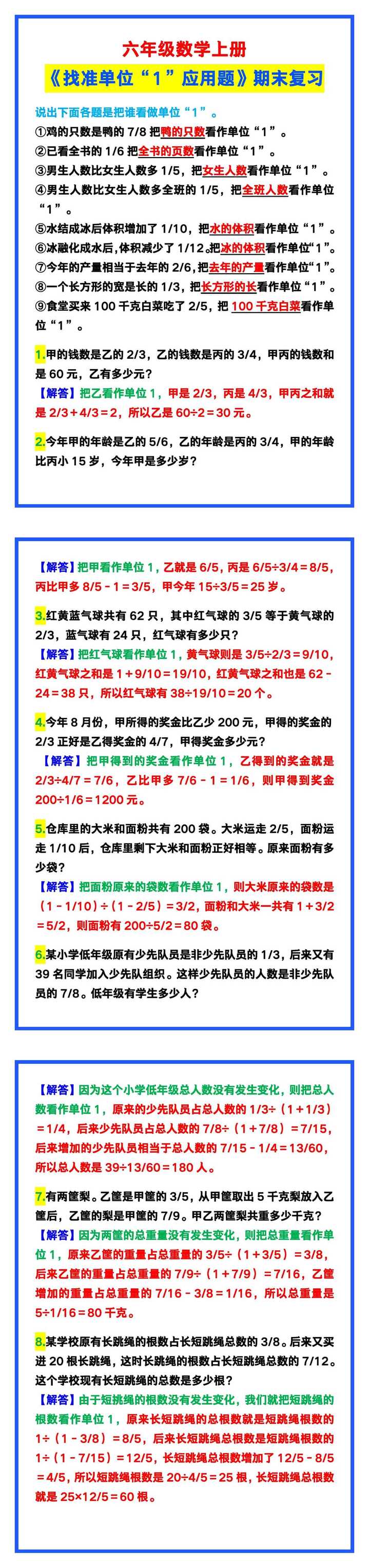 六年级数学上册《找准单位“1”应用题》，期末复习！