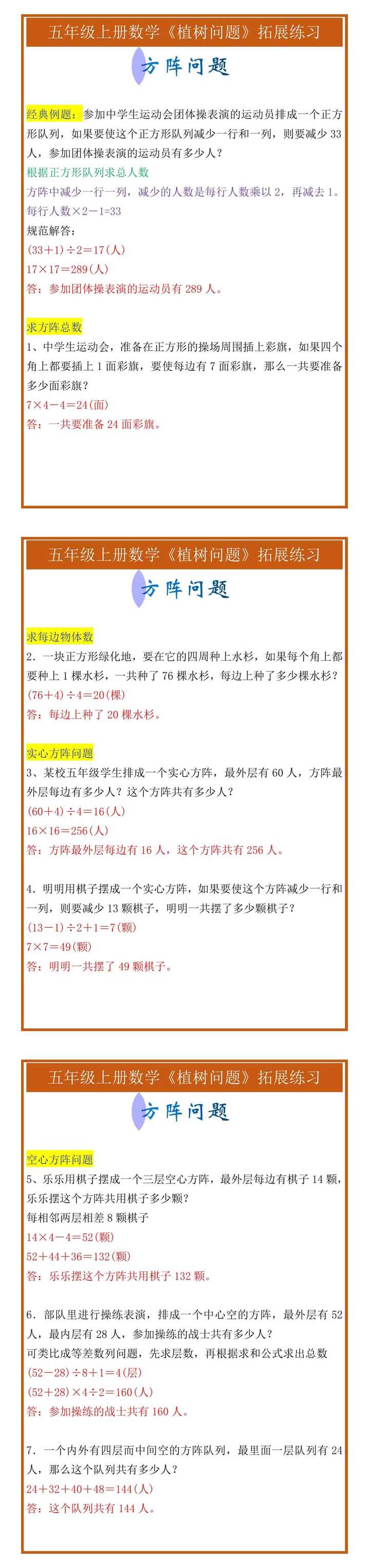 五年级上册数学植树问题拓展练习《方阵问题》