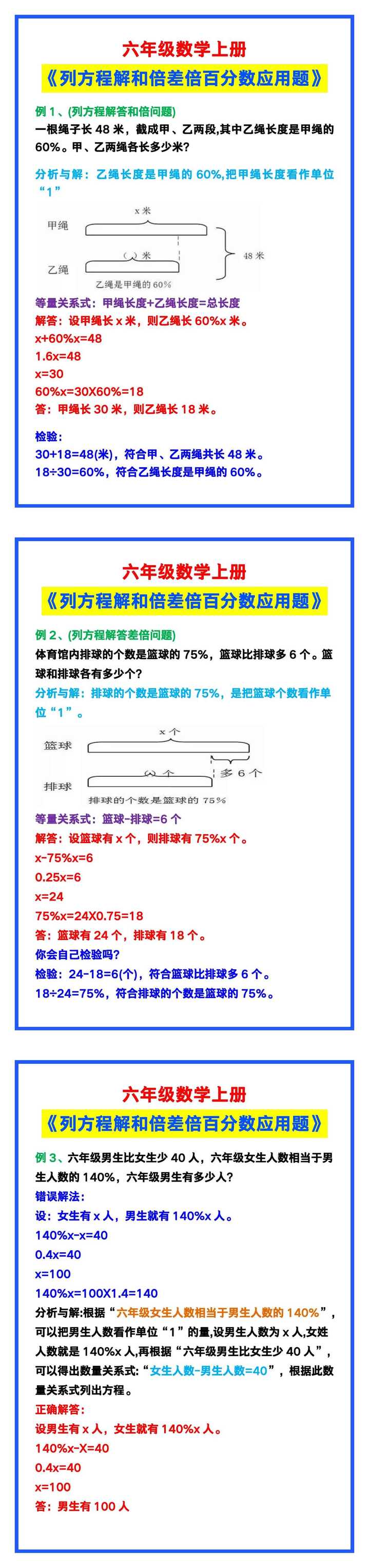 六年级数学上册《列方程解和倍差倍百分数应用题》！