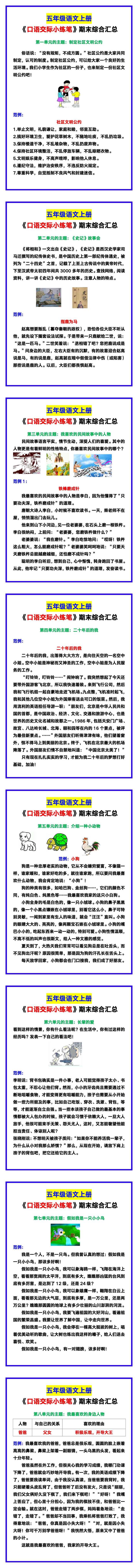五年级语文上册《口语交际小练笔》期末综合汇总！