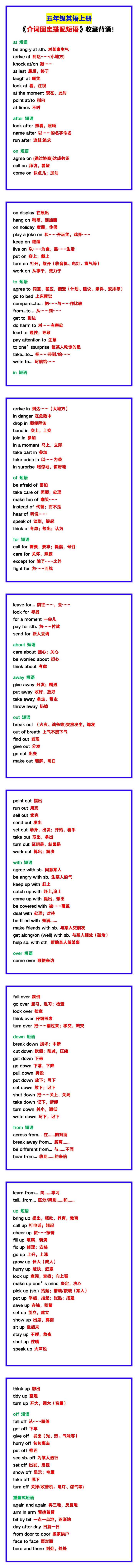 五年级英语上册《介词固定搭配短语》，收藏背诵！